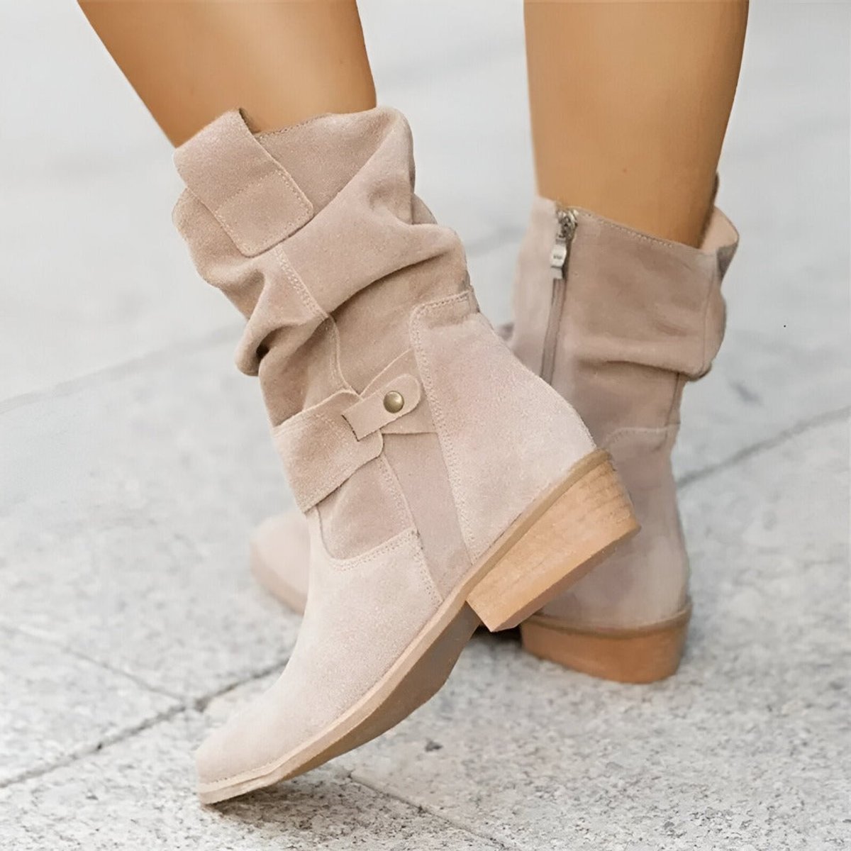 Olive | Faux Suede Almond Toe Zip Slouch Autumn Block Heeled Mid Calf Boots Women