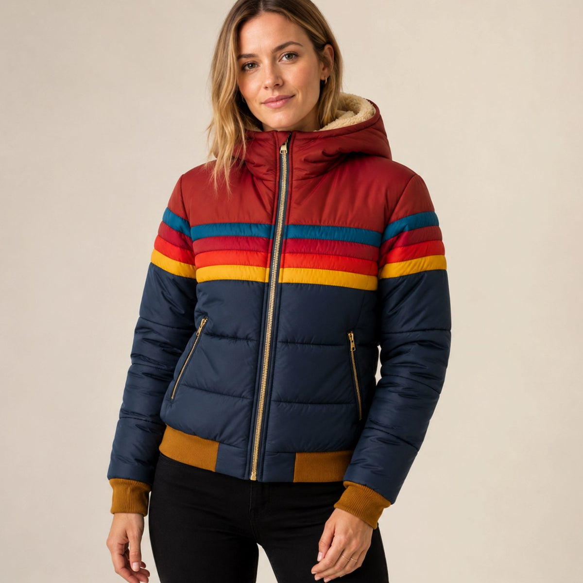 Ada | Striped Hooded Winter Quilted Sherpa Zip Up Bomber Jacket Women