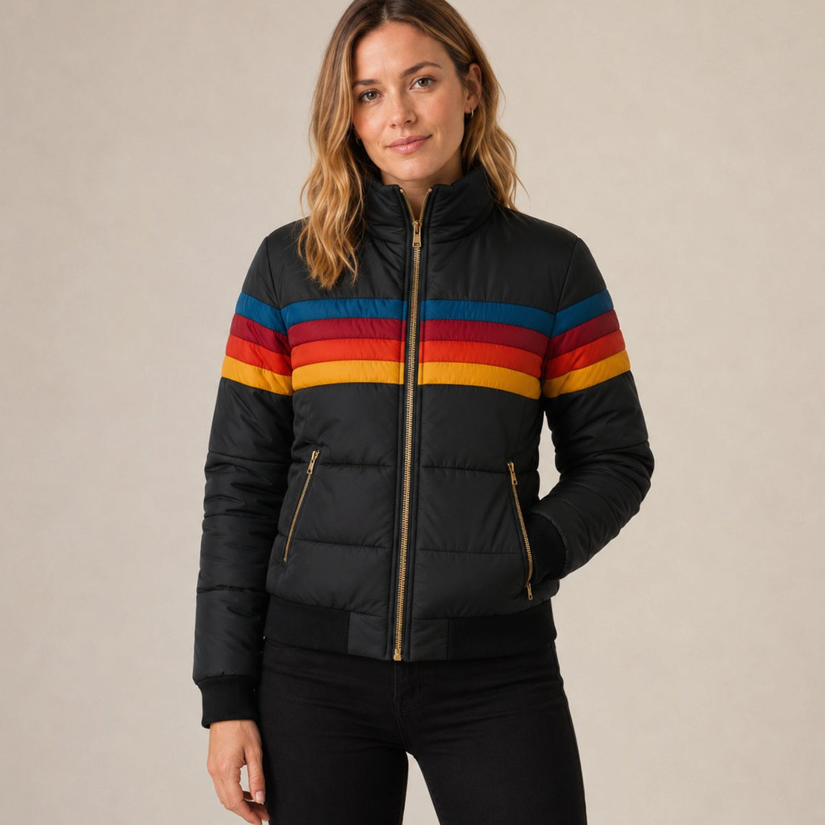 Ada | Striped Hooded Winter Quilted Sherpa Zip Up Bomber Jacket Women