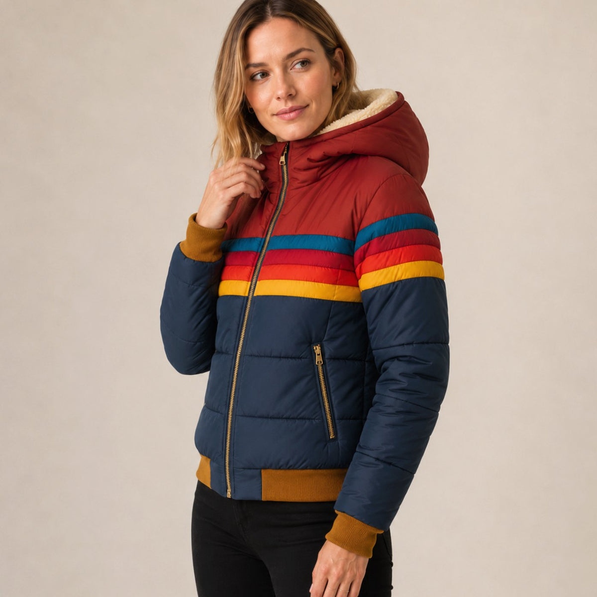 Ada | Striped Hooded Winter Quilted Sherpa Zip Up Bomber Jacket Women