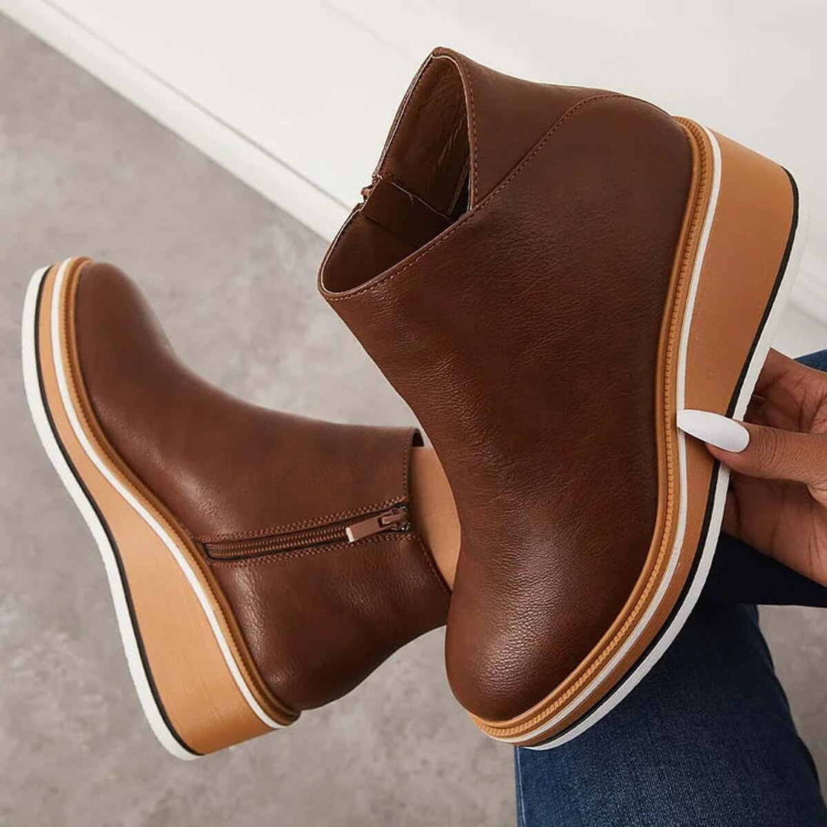 Macy | Platform Wedge Round Toe Zip Up Autumn Faux Leather Ankle Boots Women