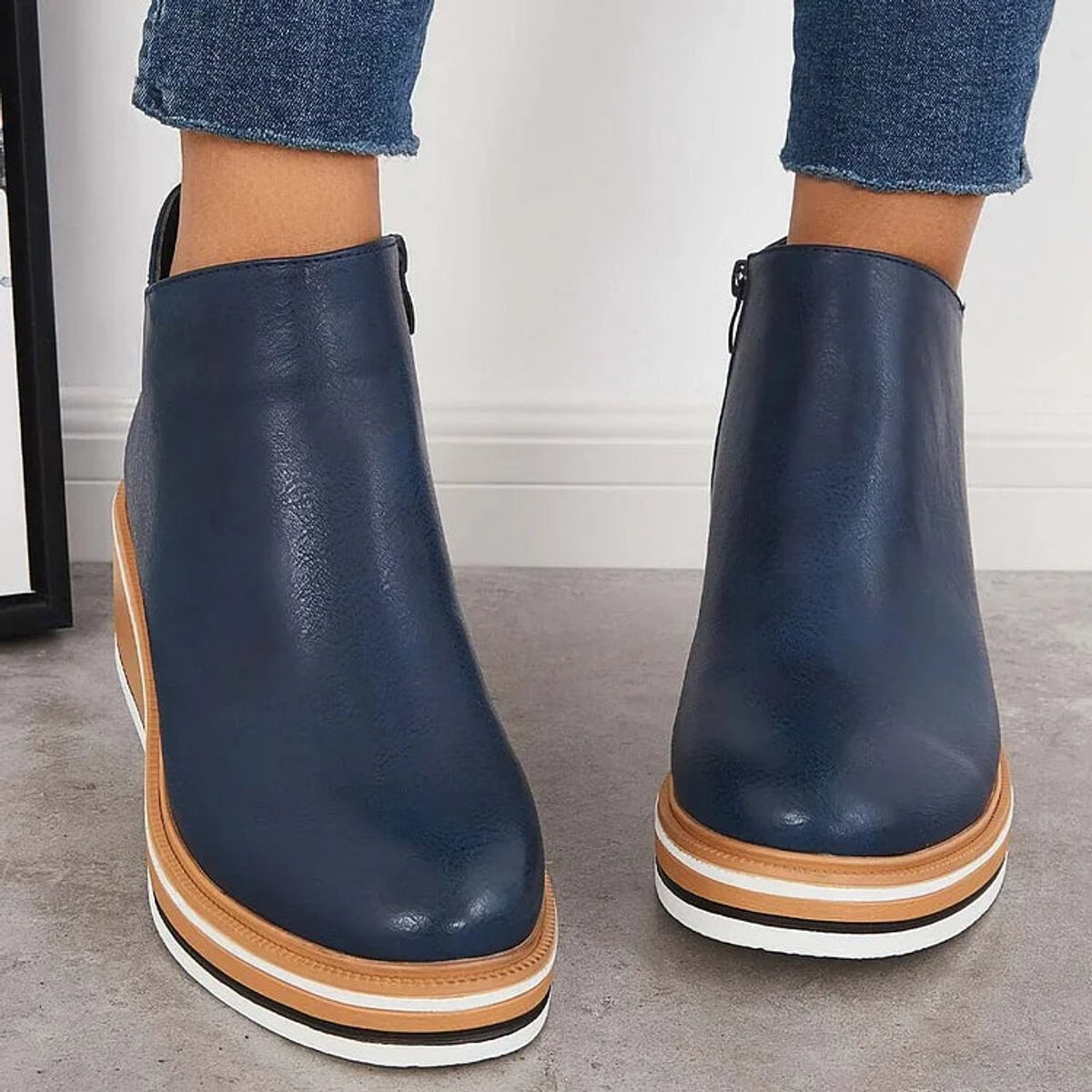 Macy | Platform Wedge Round Toe Zip Up Autumn Faux Leather Ankle Boots Women