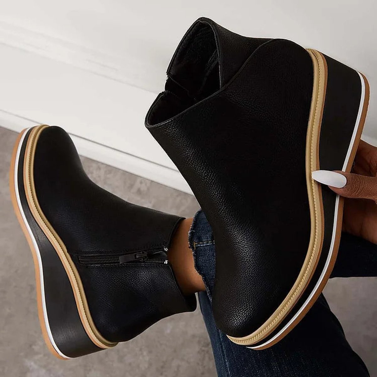 Macy | Platform Wedge Round Toe Zip Up Autumn Faux Leather Ankle Boots Women