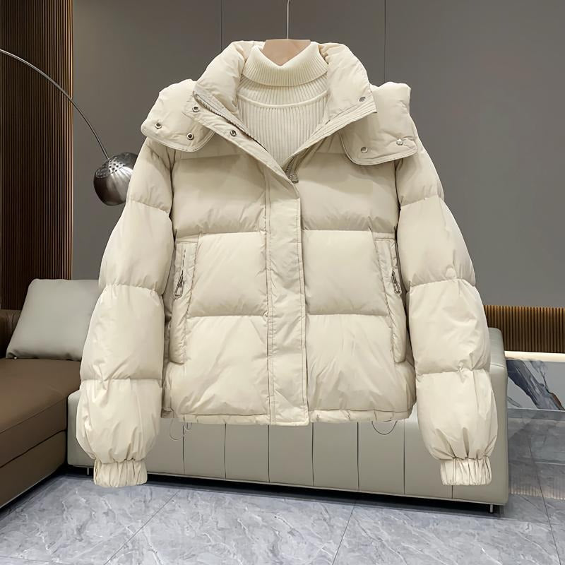 Zia | Quilted Winter Oversized Zip Up Funnel Neck Hooded Short Puffer Jacket Women