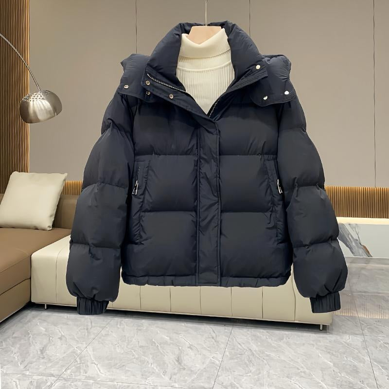 Zia | Quilted Winter Oversized Zip Up Funnel Neck Hooded Short Puffer Jacket Women