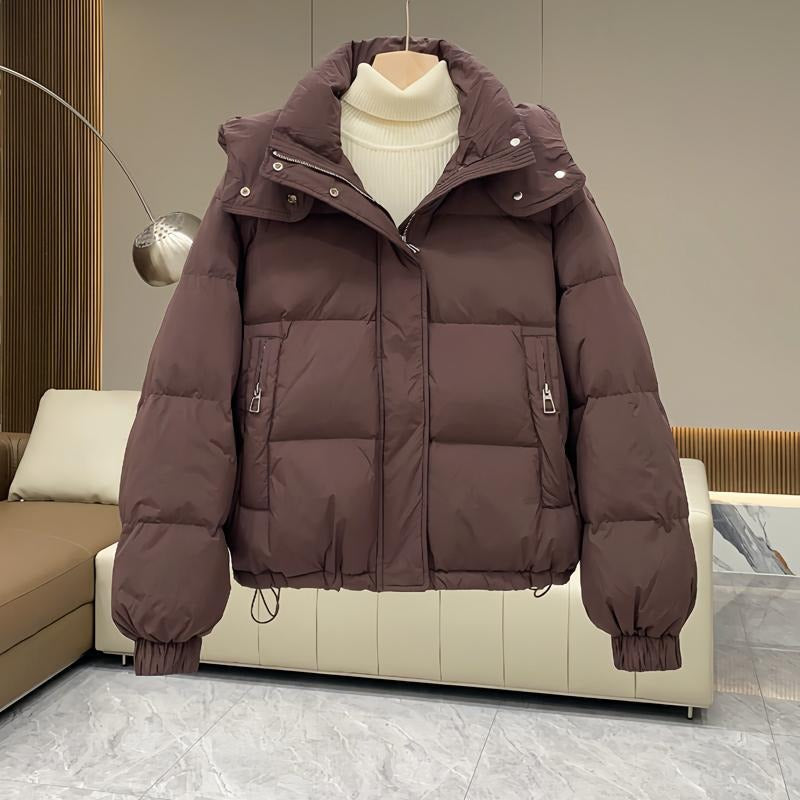 Zia | Quilted Winter Oversized Zip Up Funnel Neck Hooded Short Puffer Jacket Women